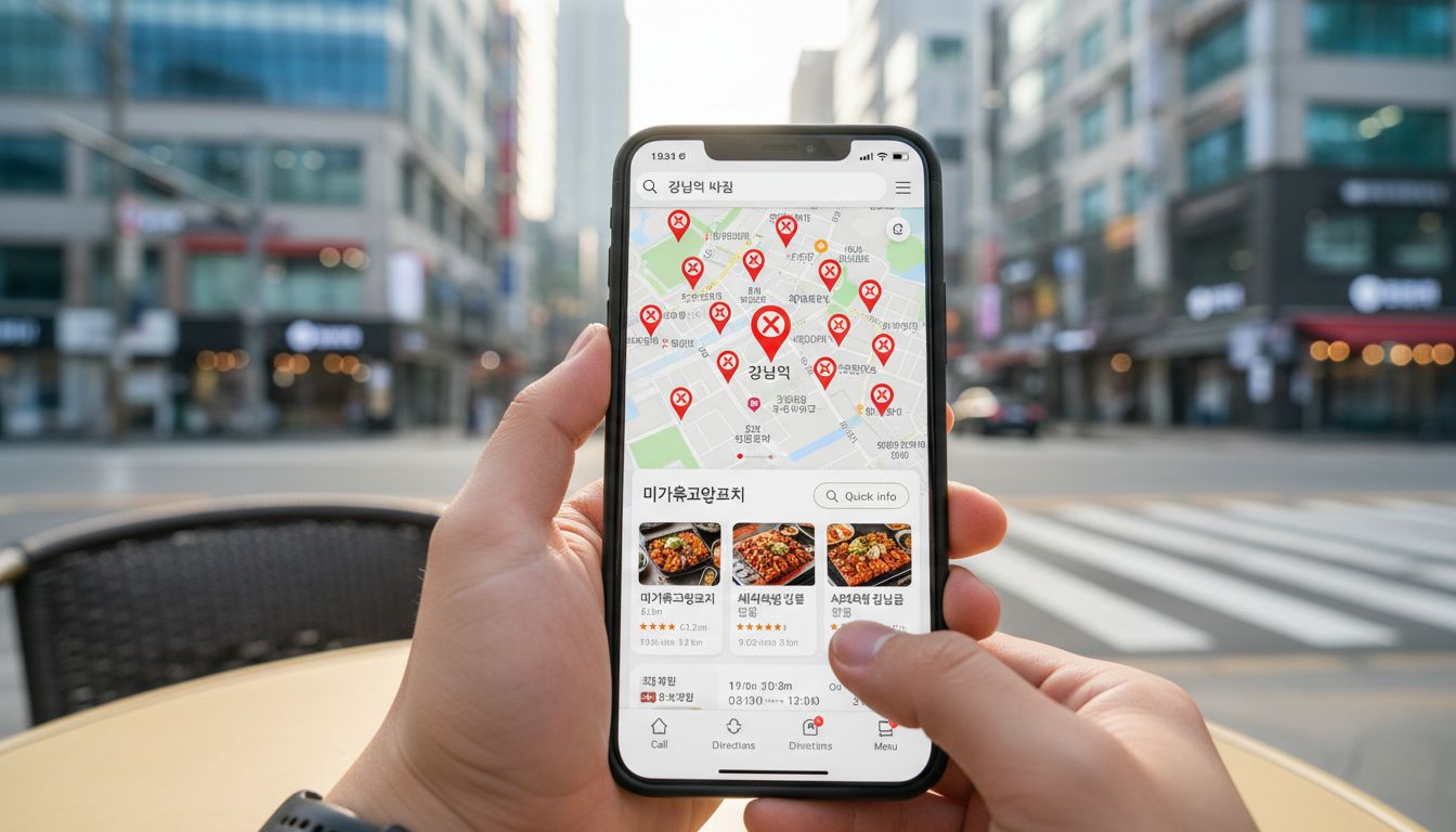 강남역 맛집 키워드 공략을 위해 모바일 환경에서 빠르게 정보를 탐색하는 사용자의 모습을 담은 이미지
