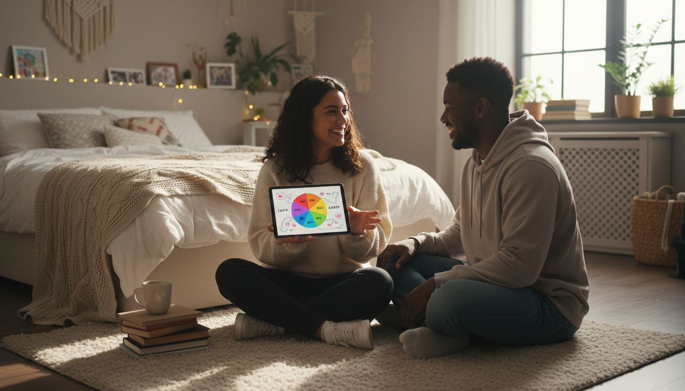 MBTI 성격 유형과 사랑 궁합을 함께 탐구하며 대화하는 커플의 아늑한 침실 모습