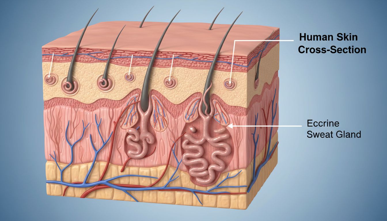 인체 피부에 분포한 에크린샘과 아포크린샘 위치를 보여주는 해부학적 실사 이미지