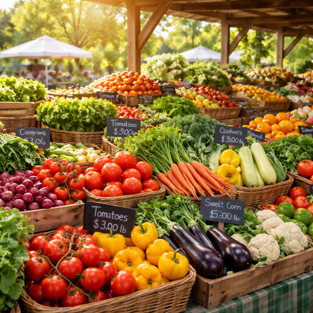풍부하고 다양한 천연 재료 식품이 가득한 신선한 농산물 시장 모습