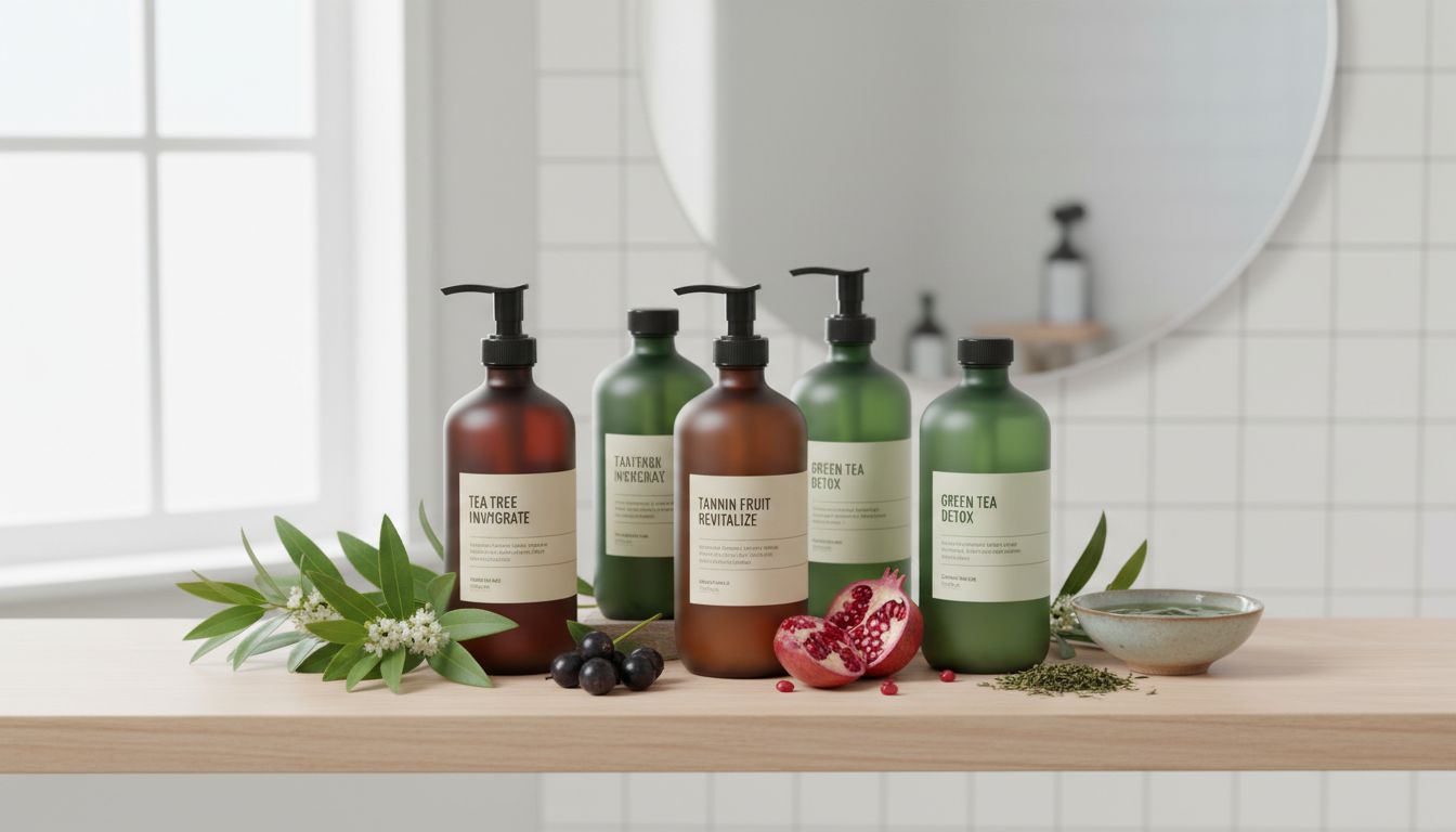 티트리 오일과 탄닌이 함유된 기능성 바디워시 제품들이 욕실 선반 위에 놓여 있는 모습