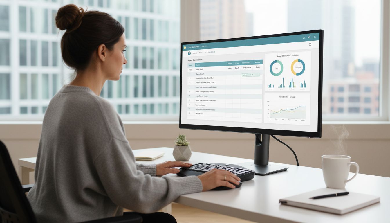 콘텐츠 캘린더를 작성하며 키워드 계획과 일정 관리를 하는 마케터의 모습