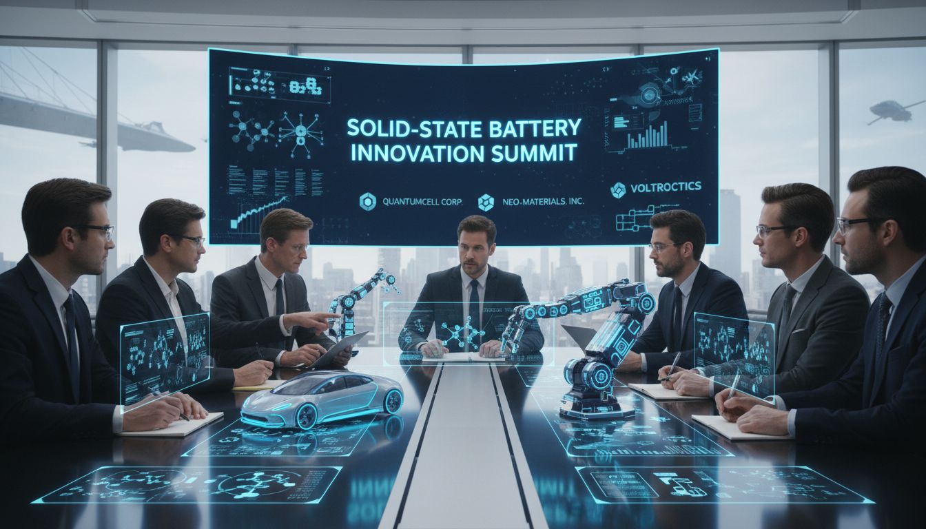 첨단 소재 기업과 배터리 제조사들이 전고체 배터리 기술 협력을 논의하는 모습