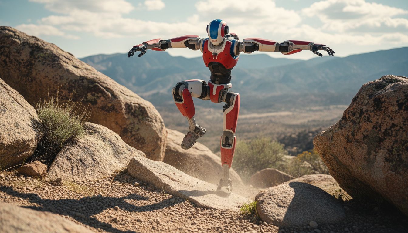 보스턴 다이나믹스 아틀라스가 험난한 지형에서 역동적으로 움직이는 장면