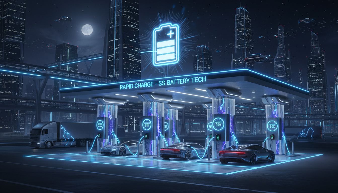 급속 충전과 전고체 배터리의 미래 상용화를 상징하는 첨단 전기차 충전소 이미지
