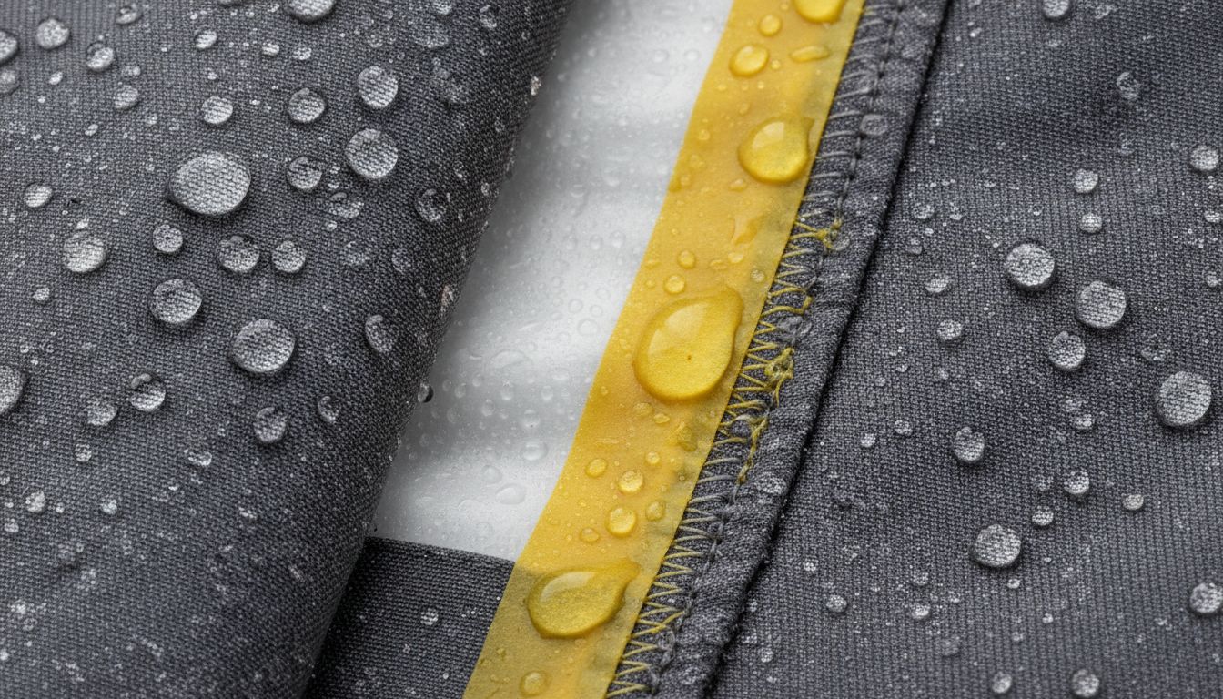 방수 멤브레인과 심실링 테이프가 보이는 겨울 의류 원단의 방수 기술을 강조하는 이미지