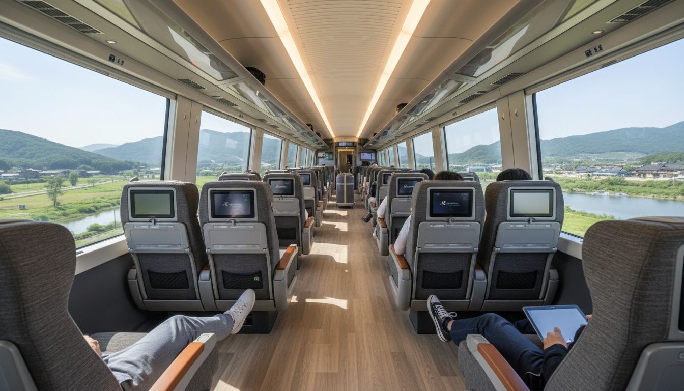 넓고 쾌적한 KTX 이음 객실 내부와 창밖 풍경을 보여주는 이미지