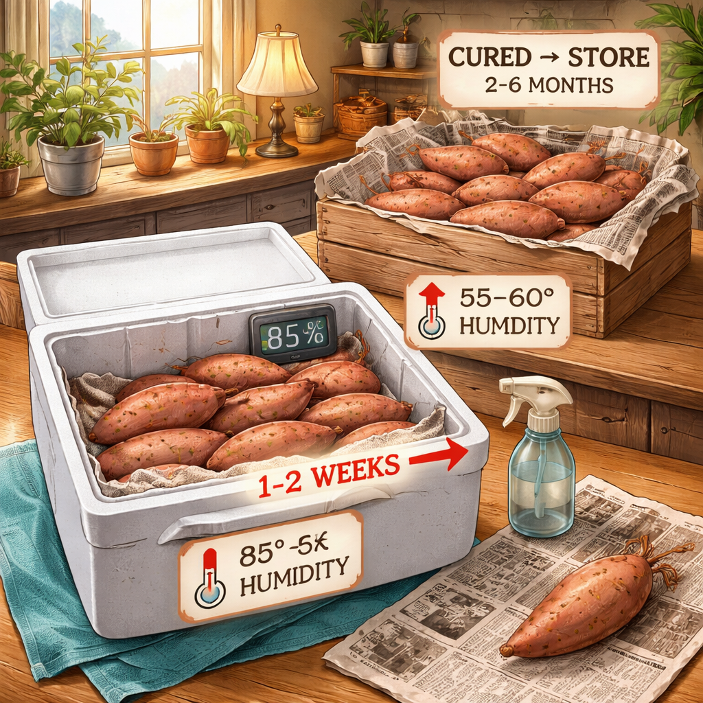 가정에서 큐어링과 숙성 과정을 보여주는 이미지로 온도와 습도 조절 방법과 고구마 변화 단계가 표현됨