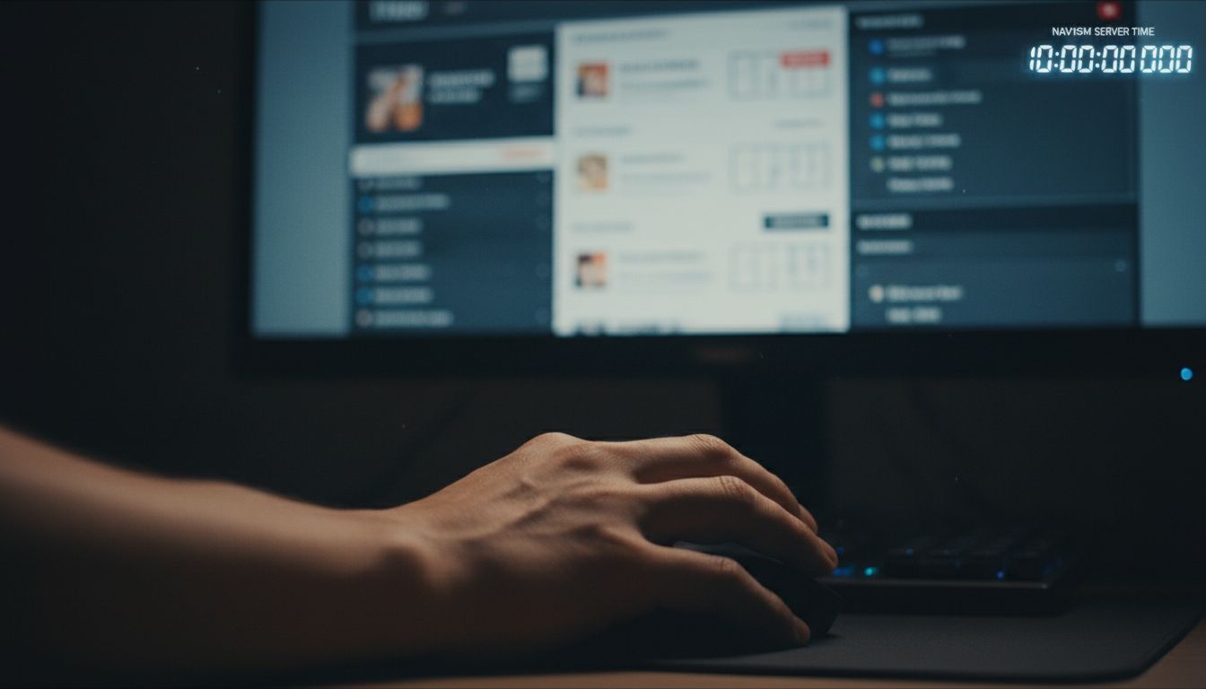사용자가 네이비즘 밀리초 서버 시간을 확인하며 티켓팅 사이트 화면에서 정확한 타이밍에 클릭하려는 순간을 보여주는 손과 컴퓨터 화면의 근접 사진