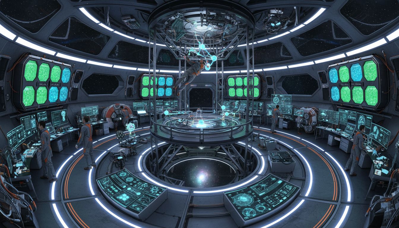 프로젝트 헤일메리 소설 속 인공중력 회전 모듈과 첨단 과학 장비가 있는 우주선 내부 실험실 이미지