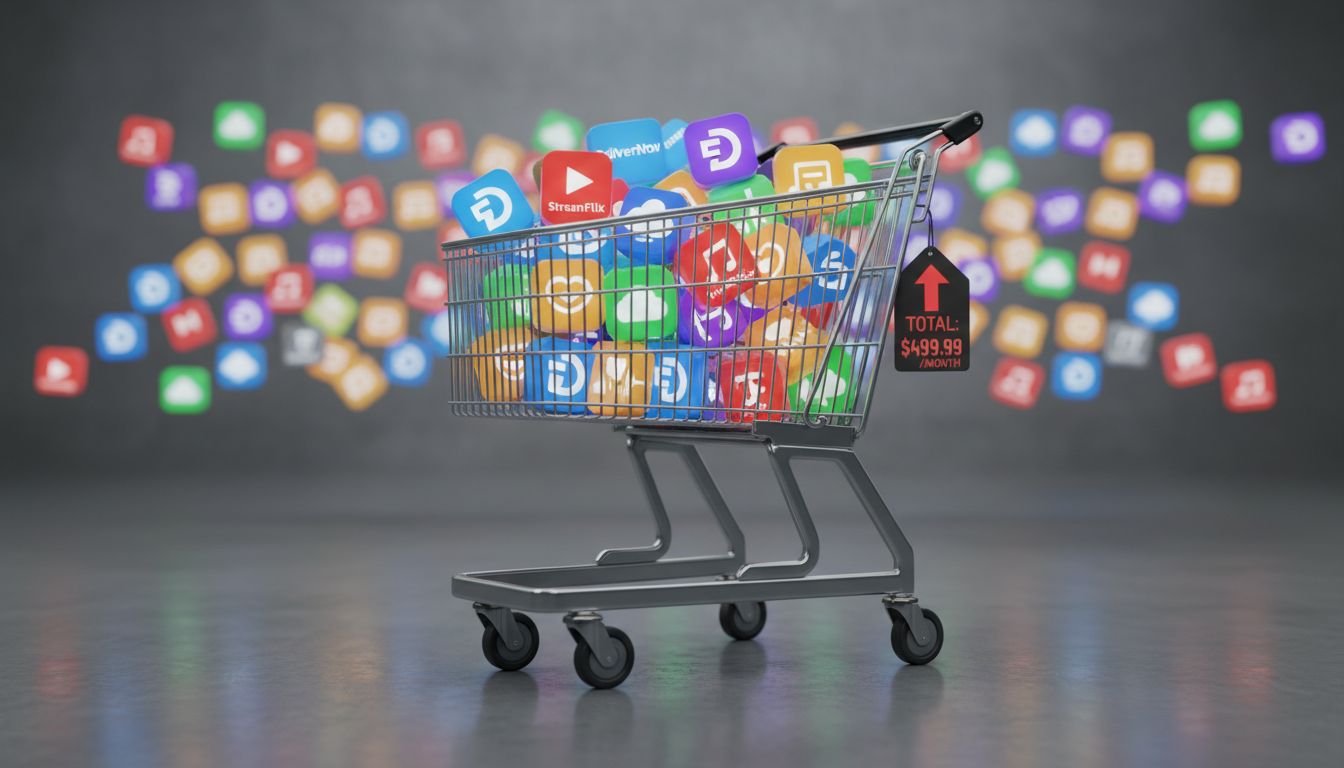 구독 인플레이션 시대를 상징하는 다양한 구독 서비스와 쇼핑 카트 이미지