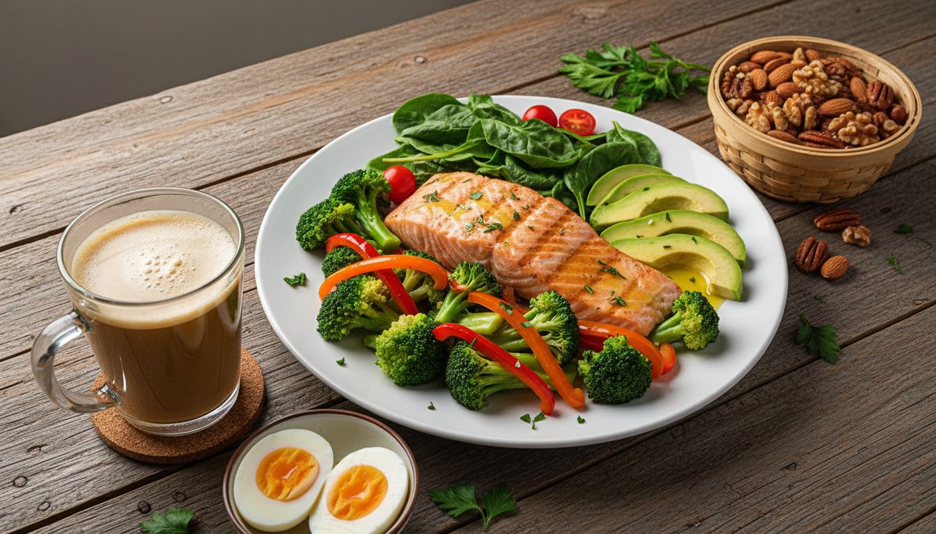 연어 구이와 올리브 오일에 볶은 브로콜리와 파프리카, 아보카도, 방탄커피, 계란, 견과류, 잎채소 등 케톤 식단 허용 식품들로 구성된 식사 접시의 고화질 사진