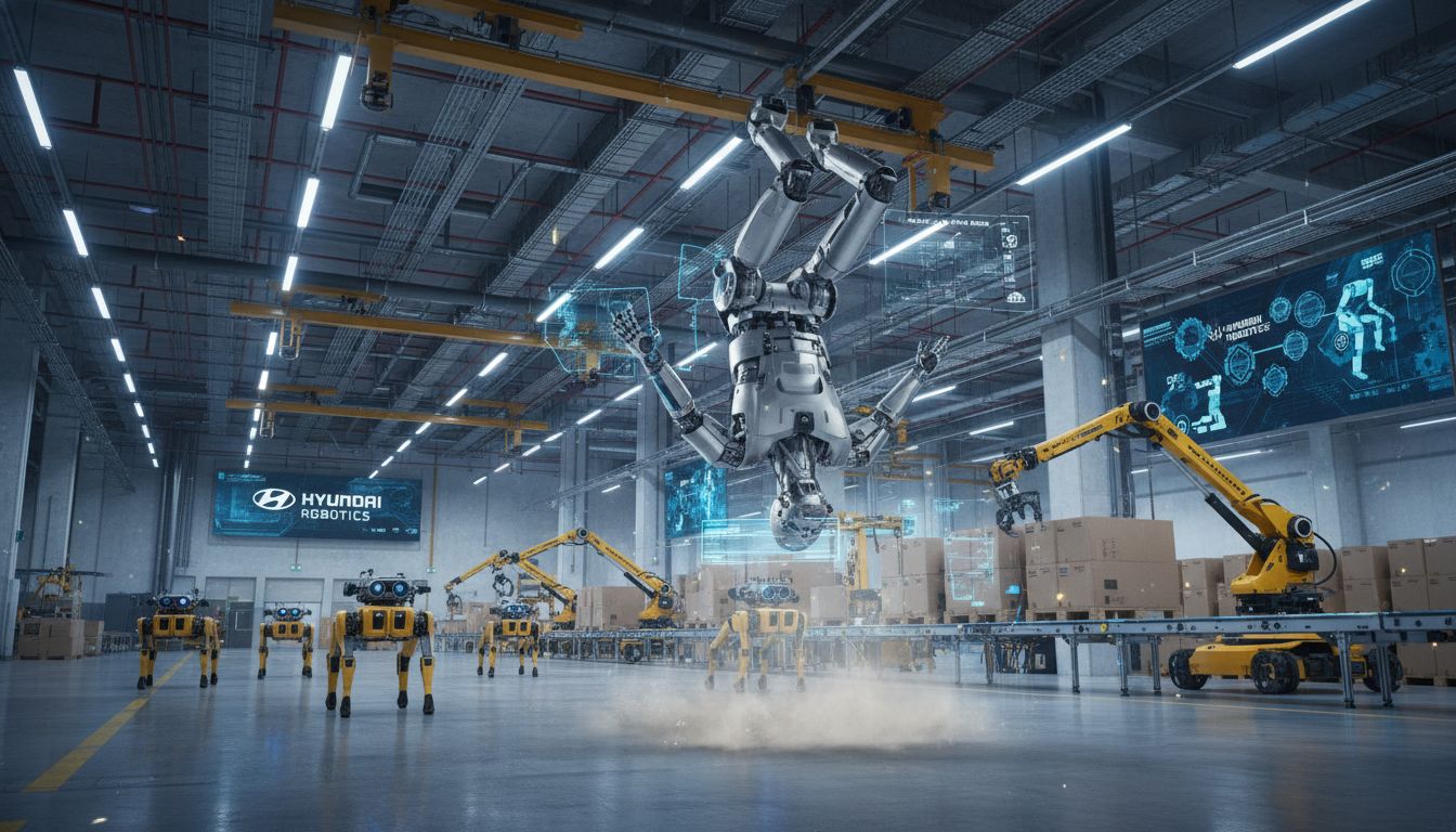 현대차의 대량 생산 능력과 보스턴 다이나믹스 로봇 기술력의 시너지를 보여주는 아틀라스 로봇의 역동적인 동작과 산업 현장의 모습