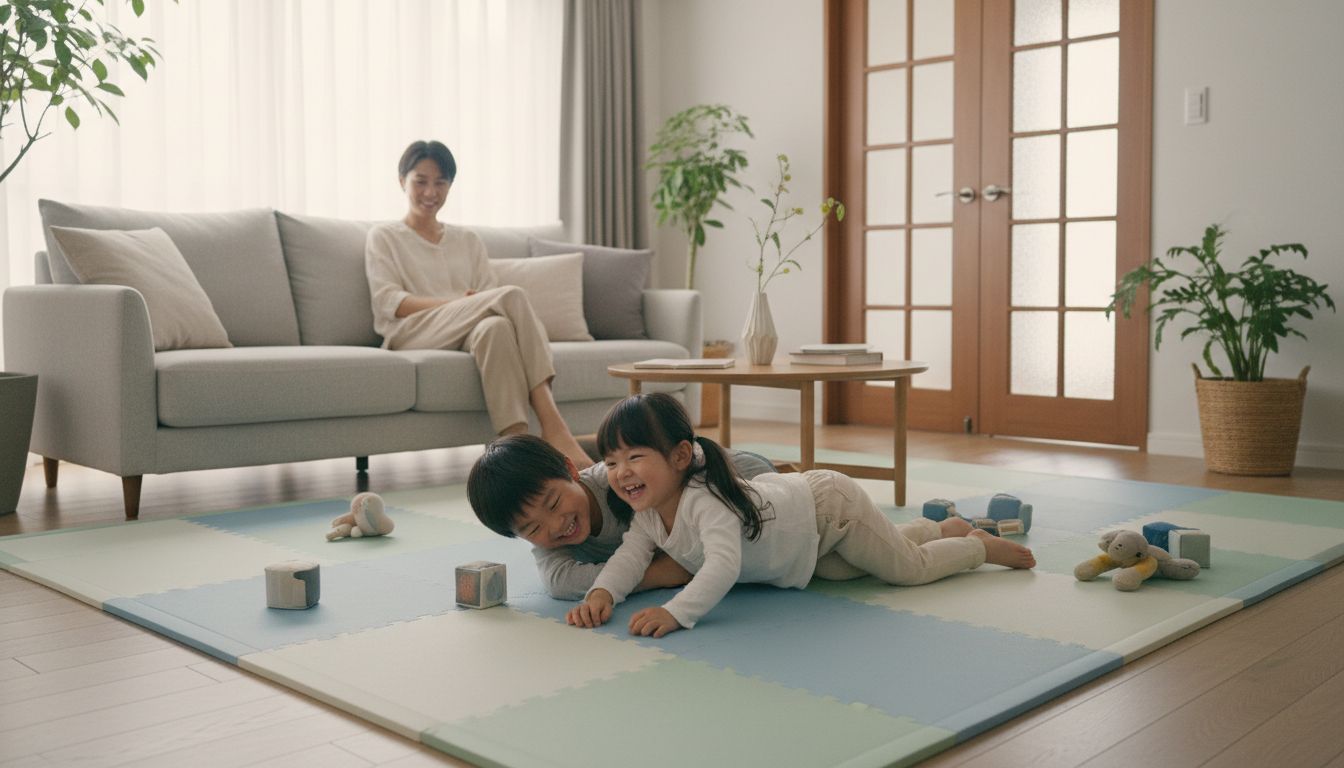 아이가 두꺼운 TPU 매트 위에서 뛰놀며 층간소음이 줄어든 평화로운 가정의 모습