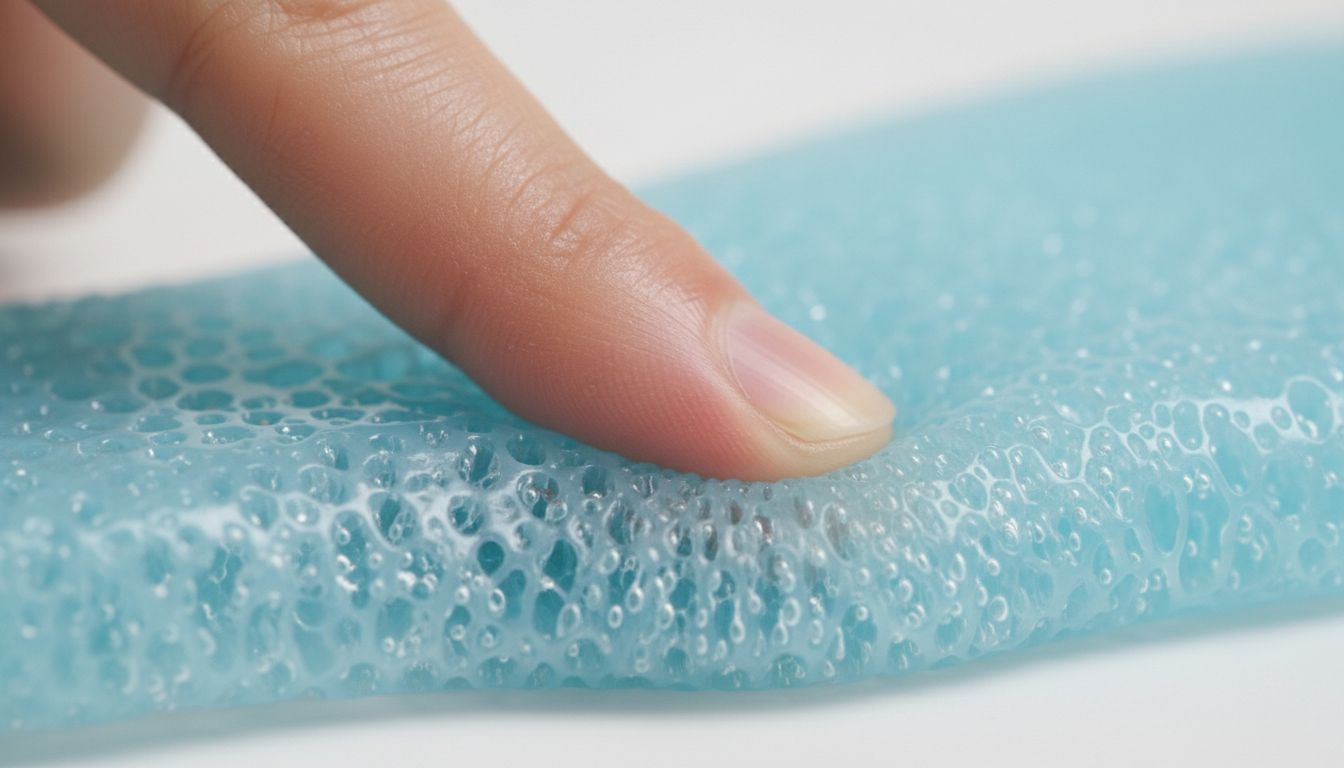 실리콘 오픈셀 인솔을 손가락으로 눌러 탄력과 부드러움이 돋보이는 근접 사진