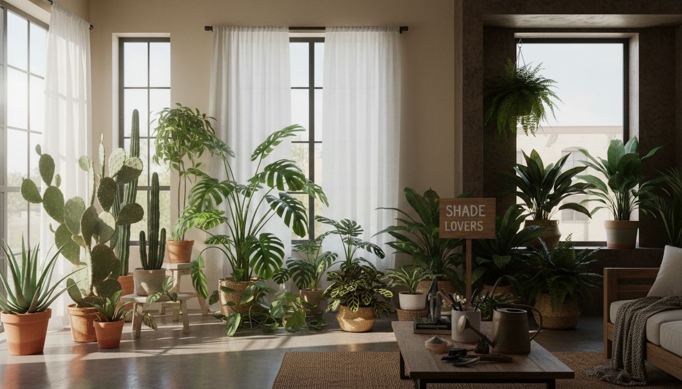 다양한 빛 조건에서 건강하게 자라는 실내 식물들이 창가에 배치된 밝고 아늑한 실내 공간의 고화질 실사 이미지