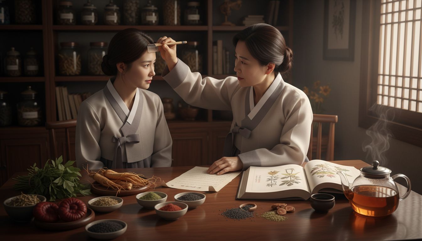 한의사가 맞춤 한약을 처방하는 전통 한방 진료 장면 이미지