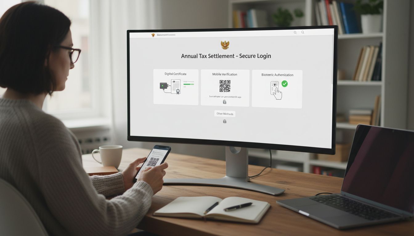 연말정산 홈택스 접속과 인증서 준비 과정을 보여주는 실사 스타일의 이미지
