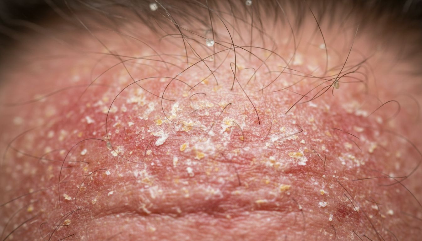 지루성 두피염 증상을 보여주는 두피의 각질과 붉은 염증 피부