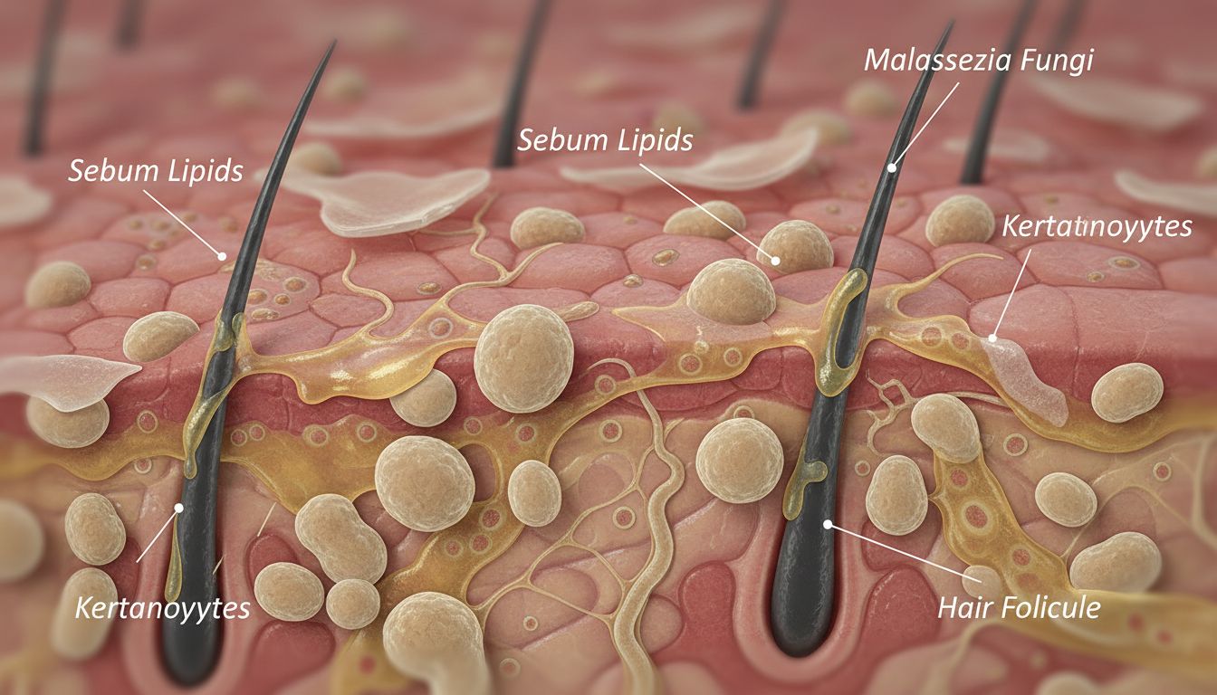 두피의 말라세지아 균을 확대해 표현한 과학적 이미지