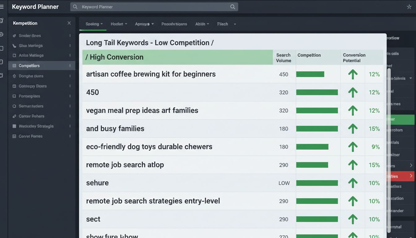 롱테일 키워드와 그 특성을 상세히 보여주는 키워드 플래너 화면