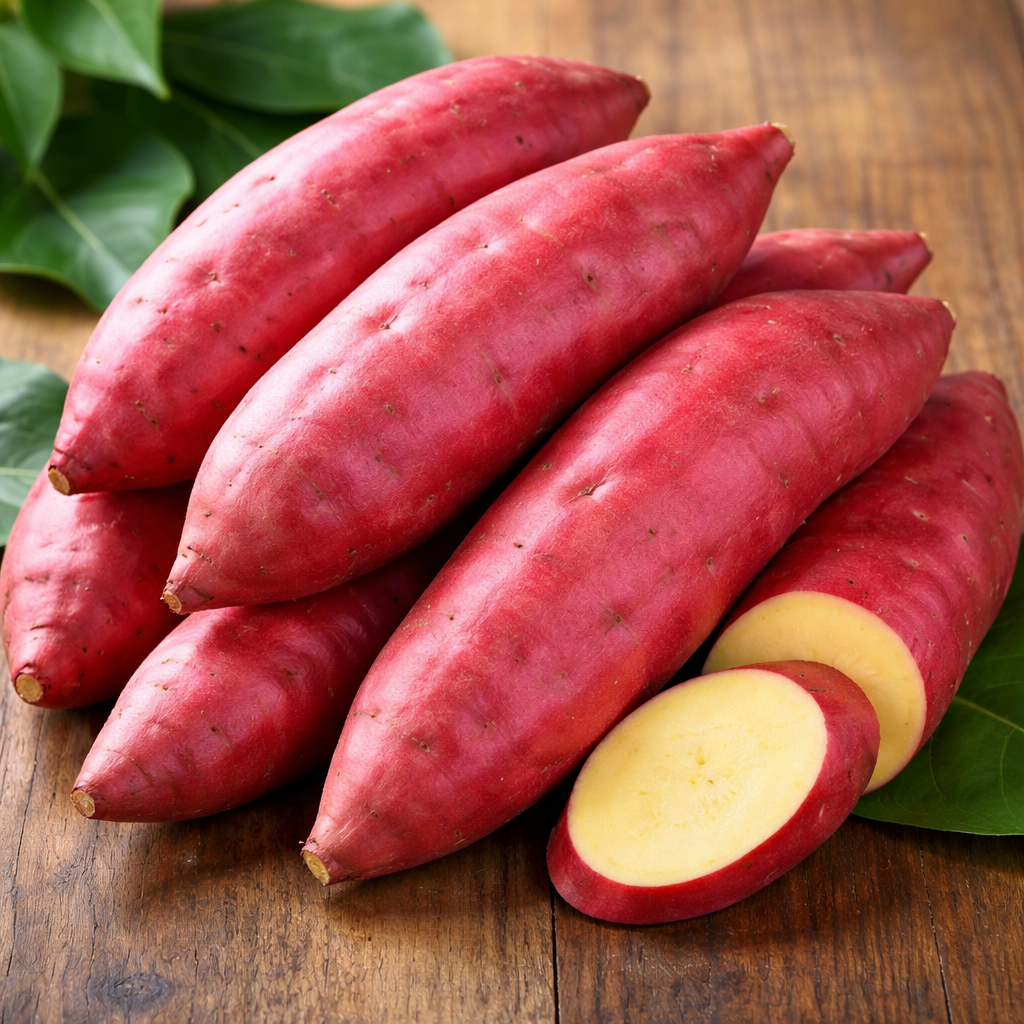신선하고 붉은 껍질을 가진 베니하루카 고구마가 나무 테이블 위에 놓여 있는 모습