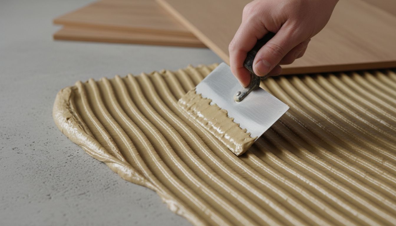 톱니 헤라로 본드를 바닥에 균일하게 도포하는 모습