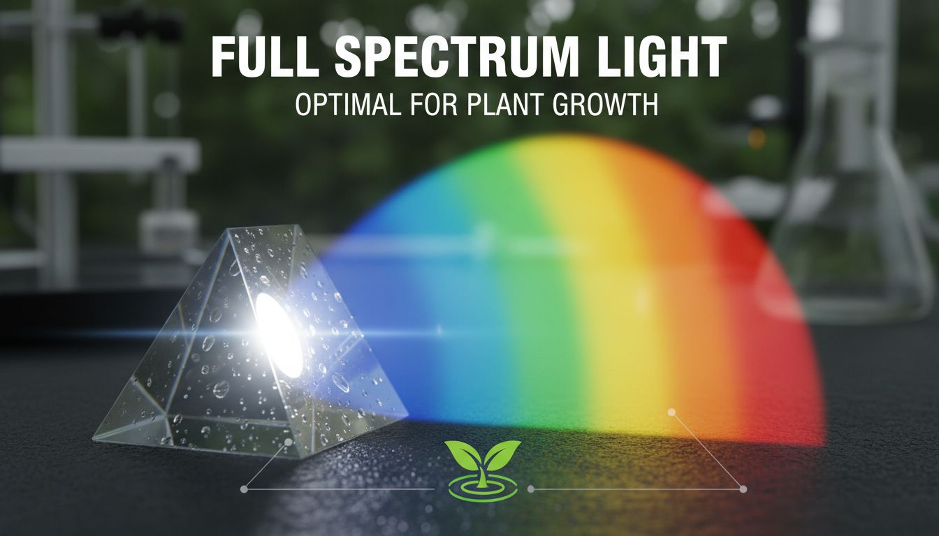 빛이 프리즘을 통해 무지개 색깔로 분산되는 모습, 식물 성장에 필요한 풀 스펙트럼 빛의 개념을 시각화한 이미지