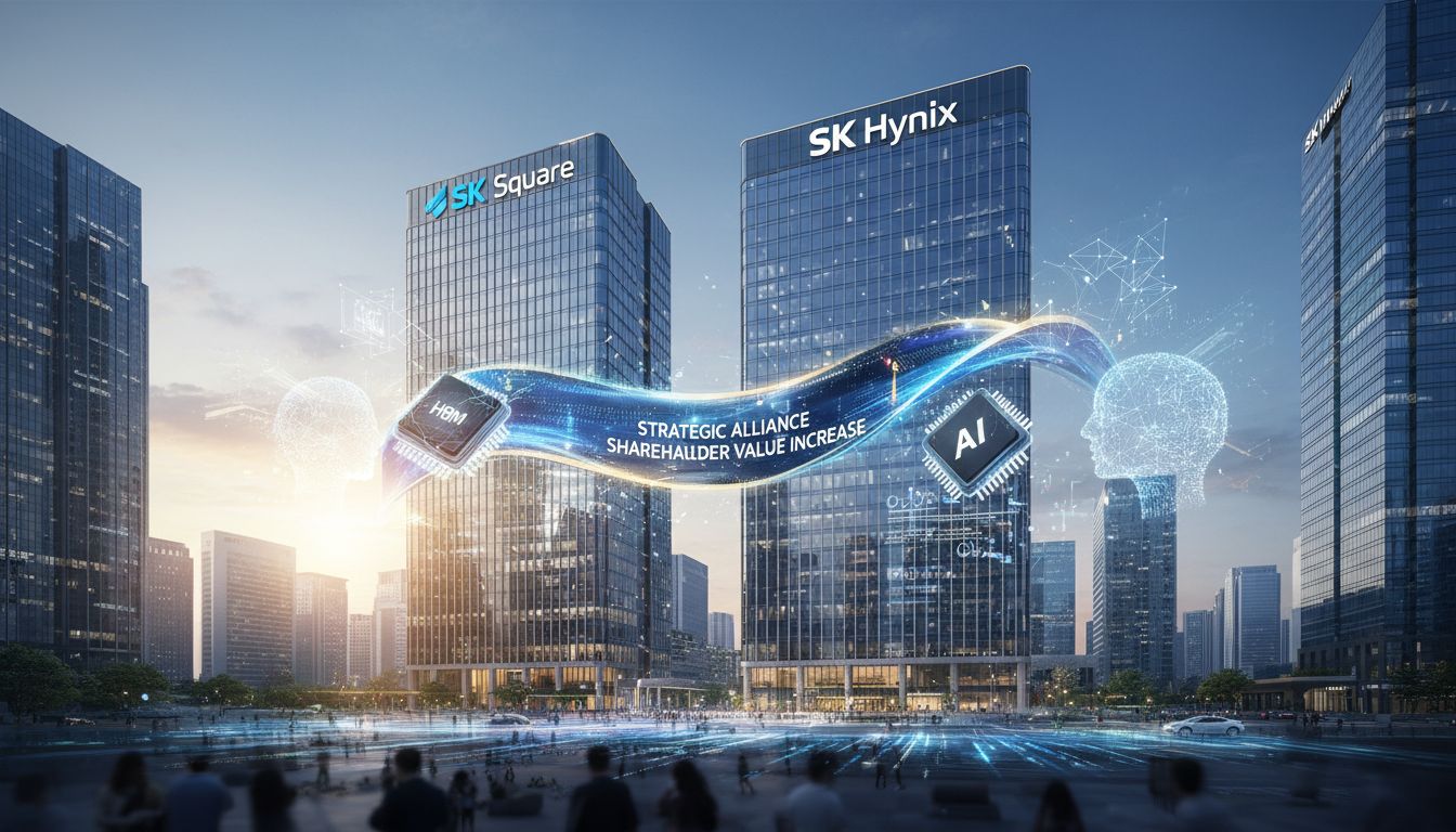 SK스퀘어와 SK하이닉스의 협력과 AI 반도체 기술 중심의 기업 전략을 상징하는 이미지