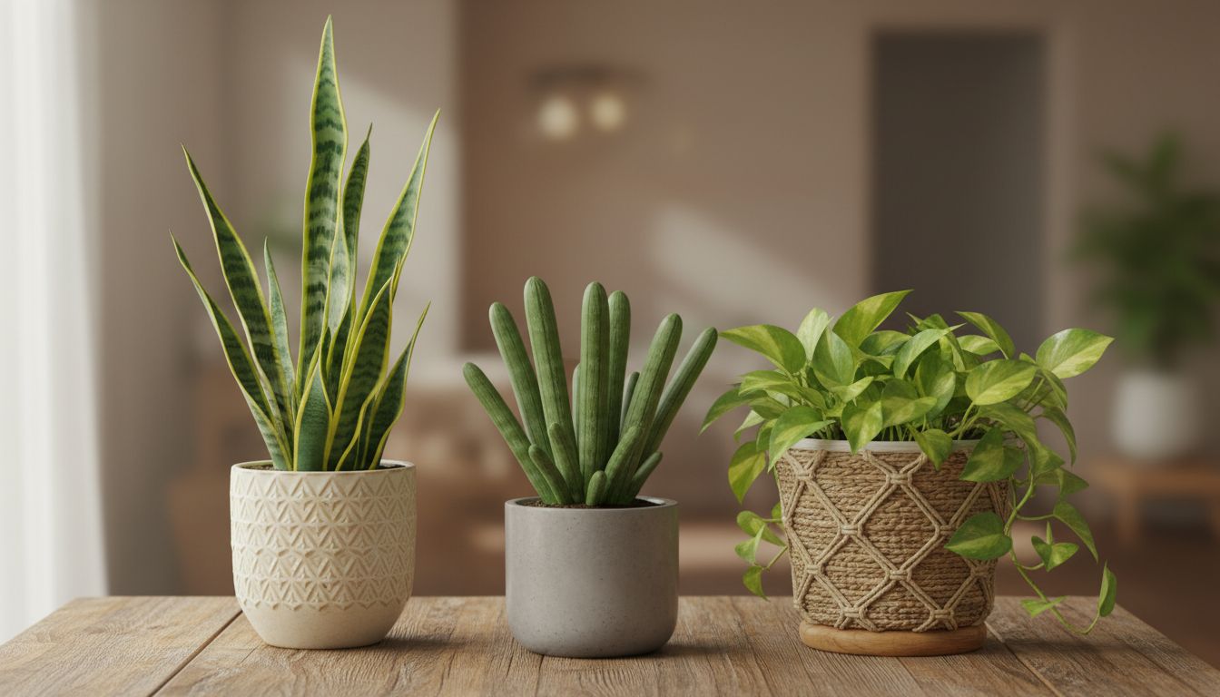 초보자용 관리 난이도 낮은 공기 정화 식물 산세베리아, 스투키, 스킨답서스의 근접 사진