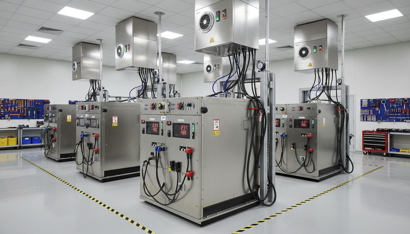 배터리 충전 스테이션과 온도 습도 제어 장치가 갖추어진 깨끗한 공장 내부 모습