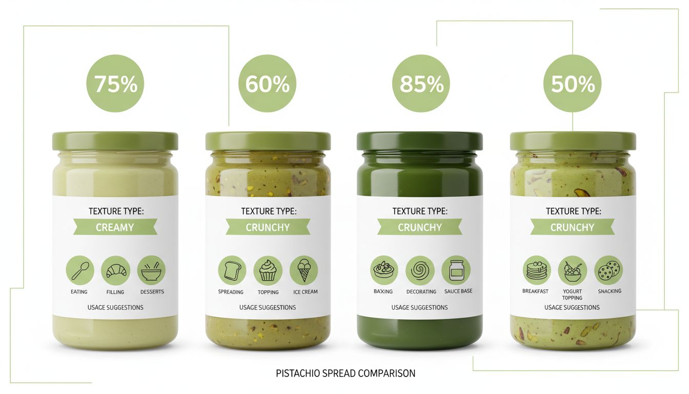 피스타치오 스프레드 4종 제품의 함량, 질감, 용도를 아이콘과 함께 비교한 깔끔한 차트 이미지