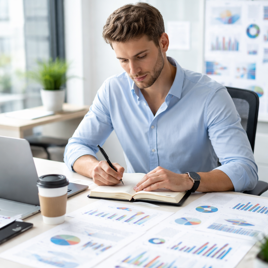 예비 창업자가 사업 노트를 작성하며 시장 조사 데이터를 참고하는 모습