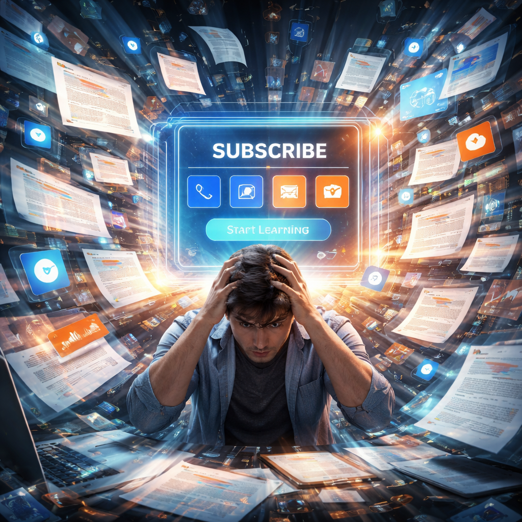 정보 과잉 속에서 지식 구독 플랫폼을 통해 새로운 학습 방식으로 전환하는 모습을 나타낸 이미지