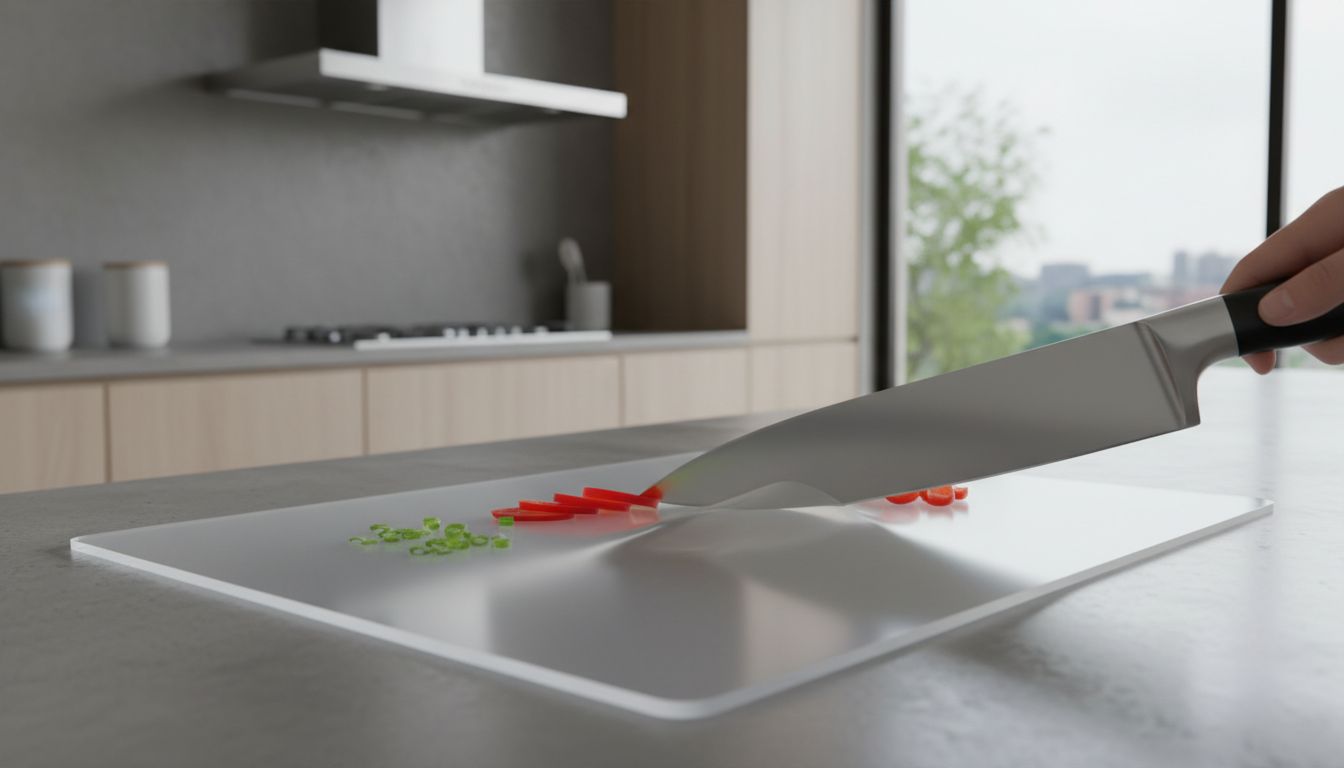 탄성 있고 깊은 칼자국이 없는 TPU 소재 도마를 부엌에서 사용하는 모습을 실사 스타일로 표현한 이미지