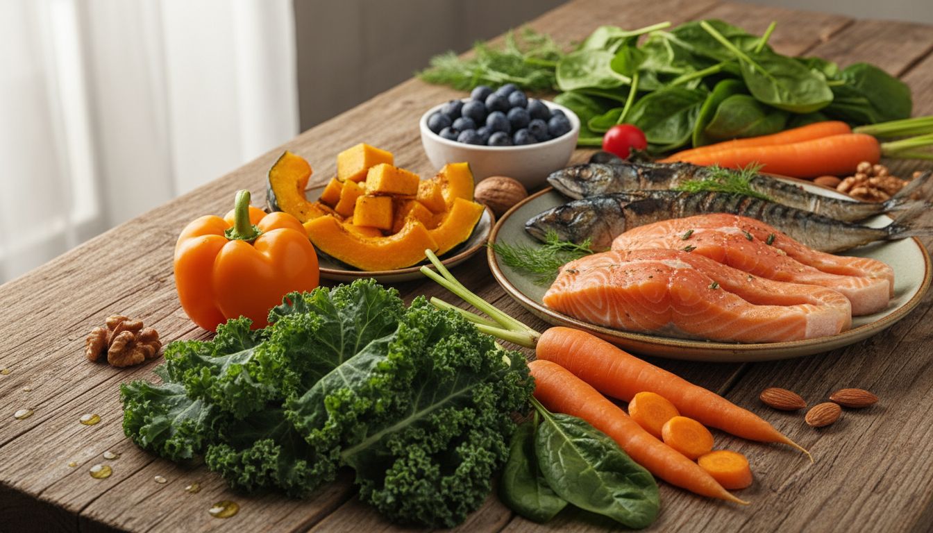 눈 건강에 좋은 시금치, 당근, 연어 등 건강식품들을 보여주는 이미지