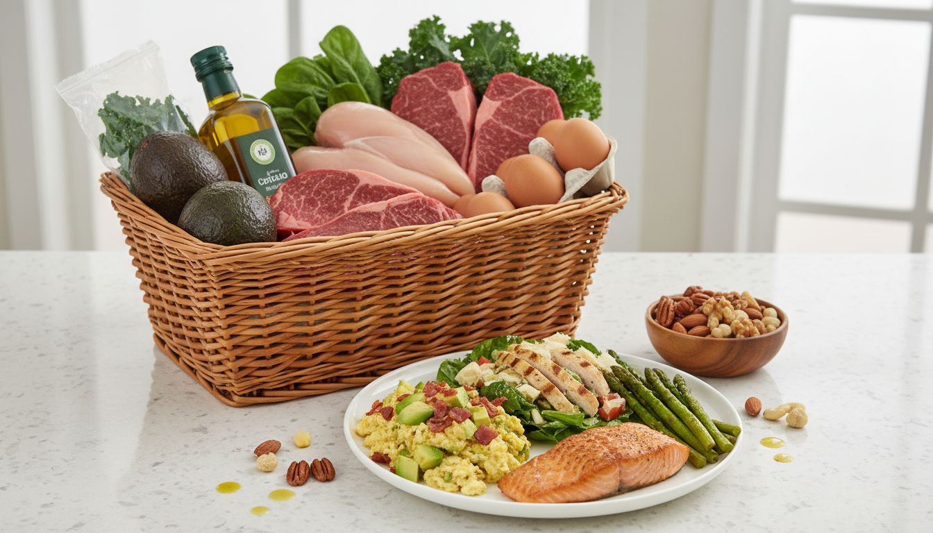 케톤 다이어트를 위한 장보기 리스트와 하루 식단 예시를 실사 스타일로 표현한 이미지