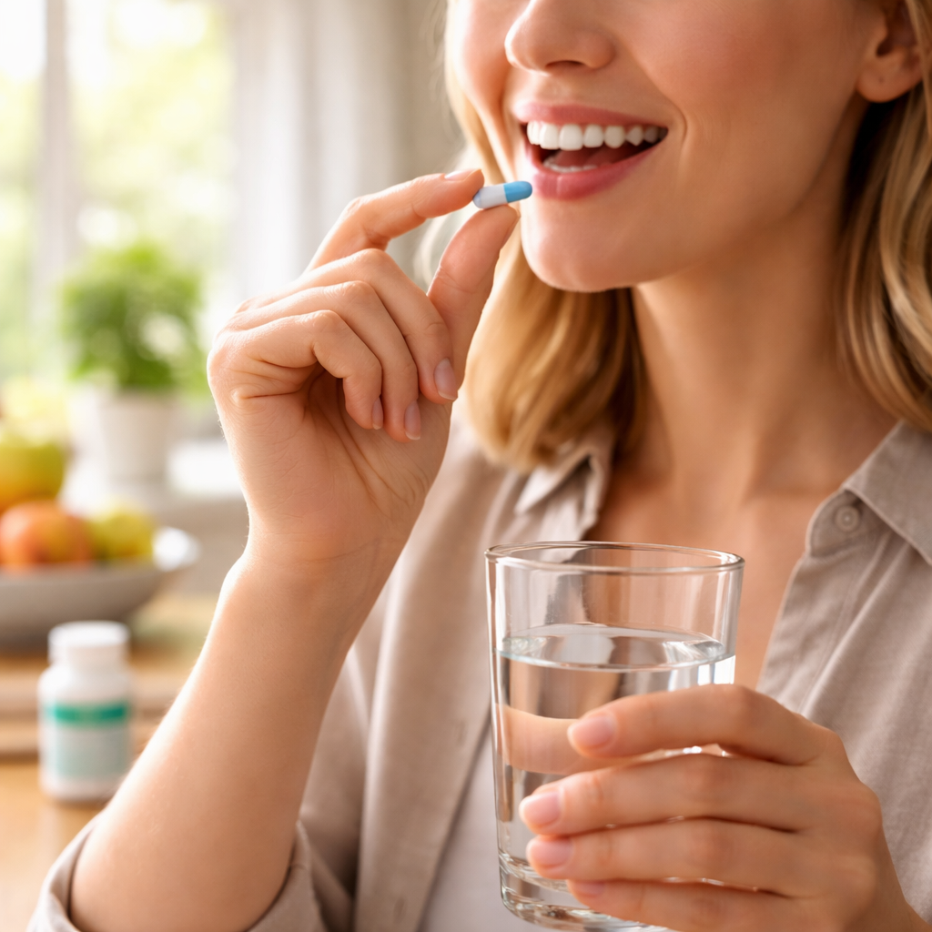 주사 공포 없이 매일 복용하는 먹는 비만약 복용 장면의 실사 이미지