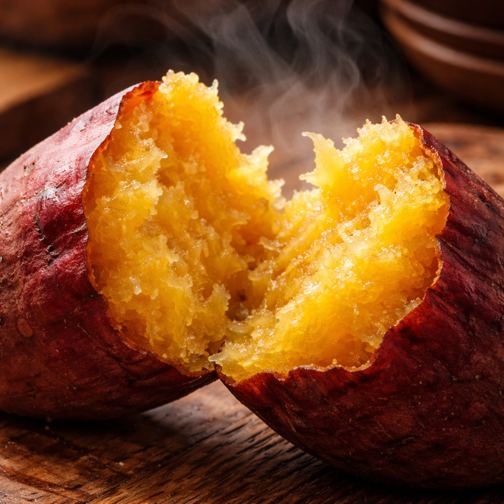 촉촉하고 황금빛 속살이 드러난 구운 베니하루카 고구마 이미지