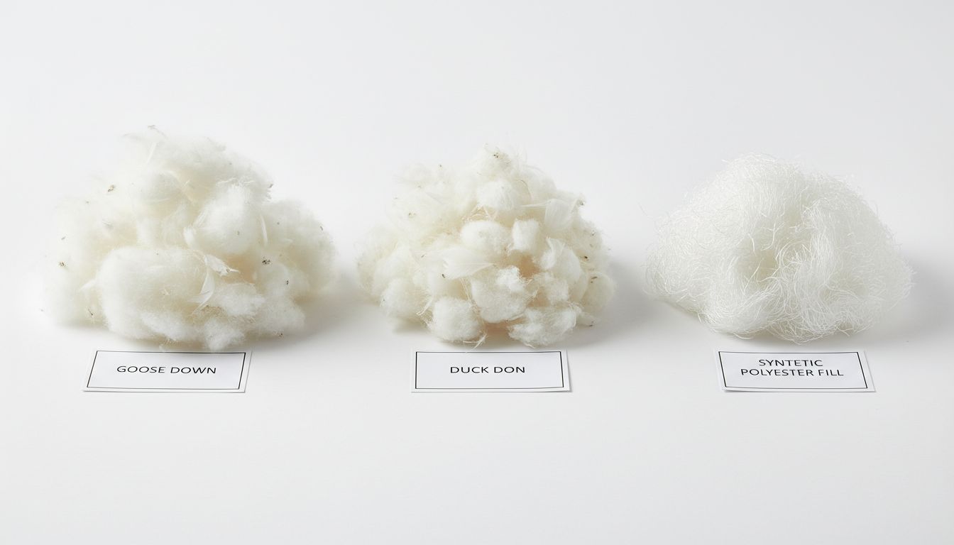 구스다운, 덕다운, 웰론 충전재를 보여주는 고화질 실사 이미지