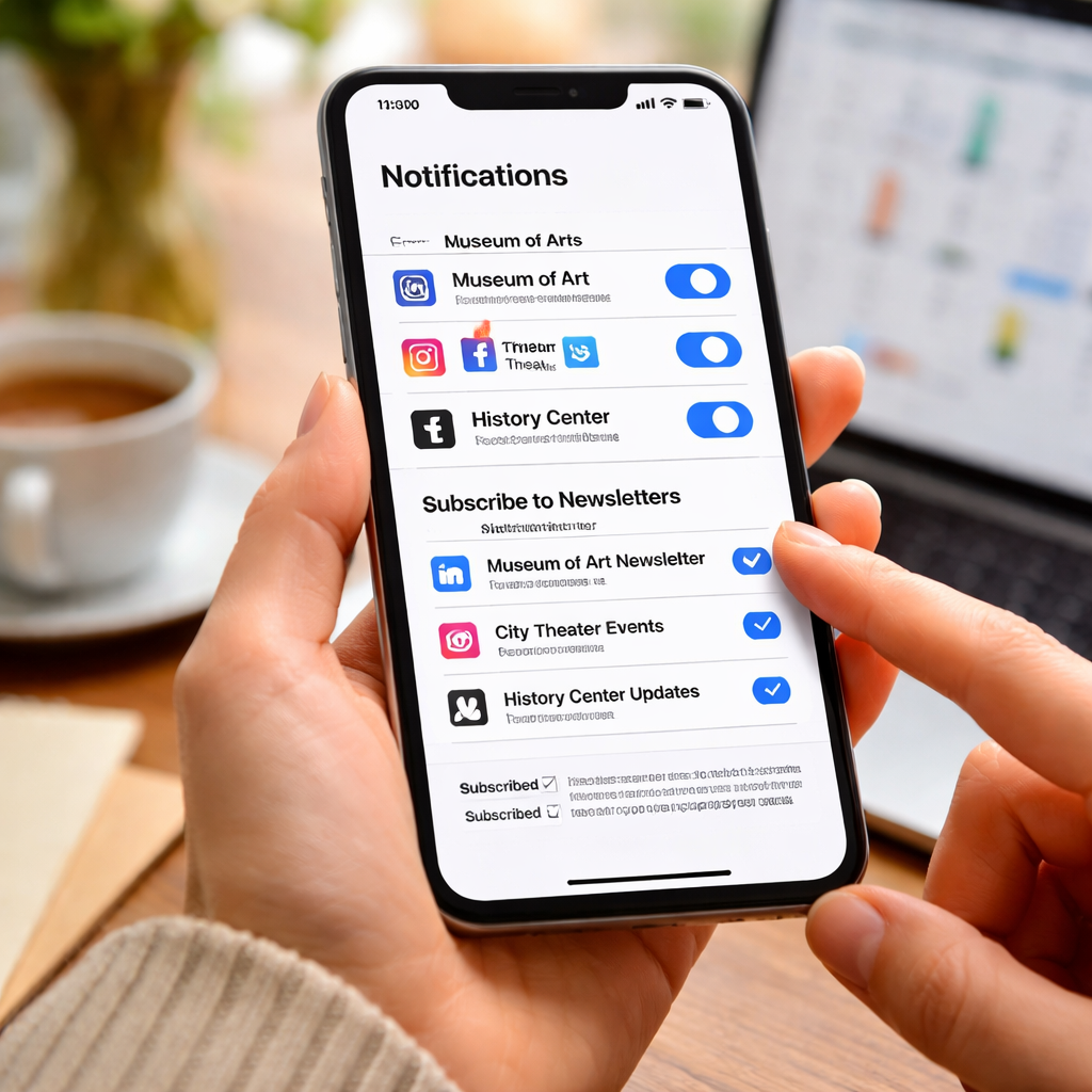 문화예술 기관의 SNS 알림 설정과 뉴스레터 구독을 통해 자동으로 행사 정보를 받는 모습
