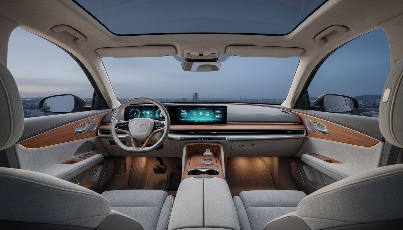 넓고 고급스러운 친환경 소재로 마감된 루시드 에어 실내 공간과 첨단 디지털 글래스 콕핏 디스플레이의 실사 이미지