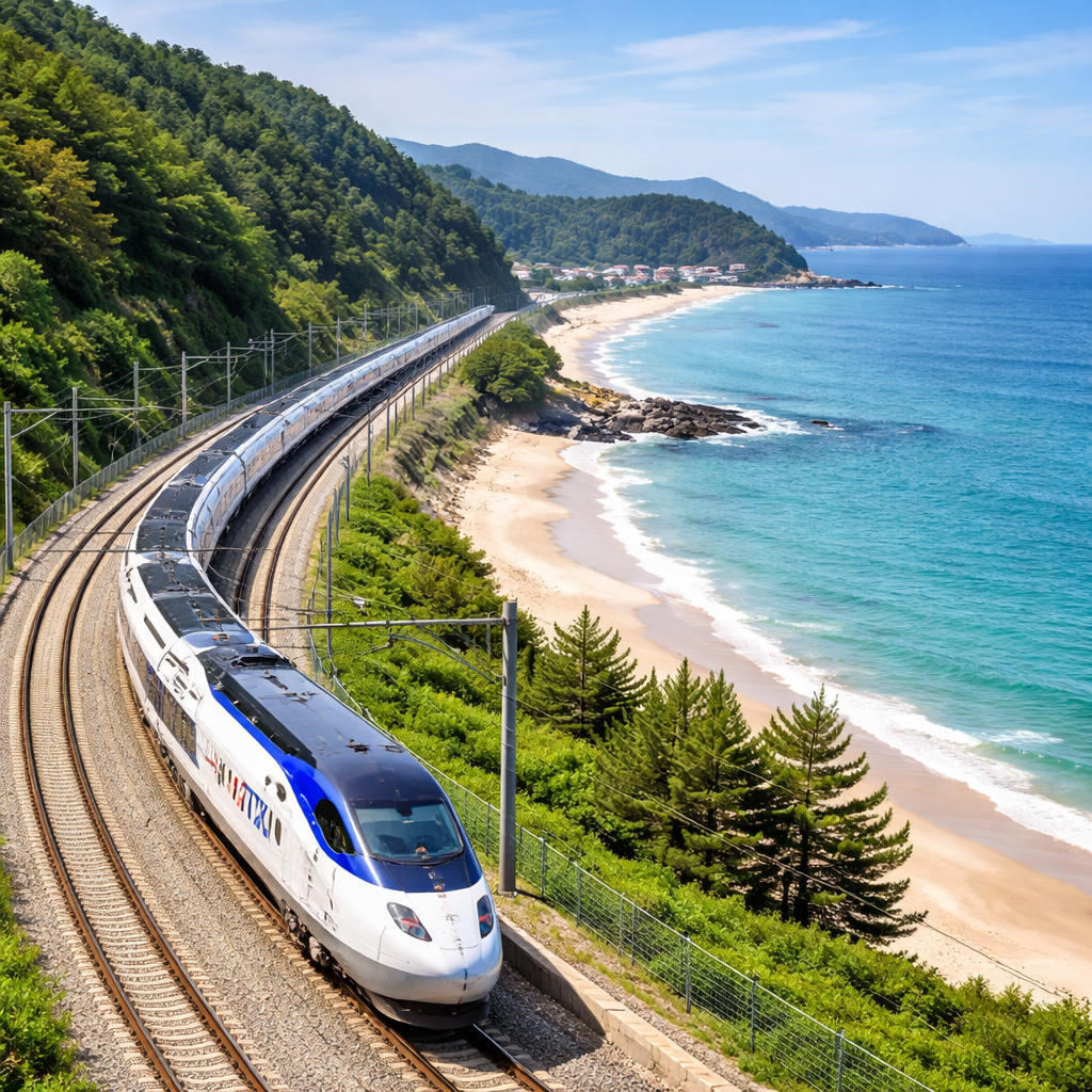 2026년에 동해안을 따라 달리는 최신 KTX 이음 열차의 모습