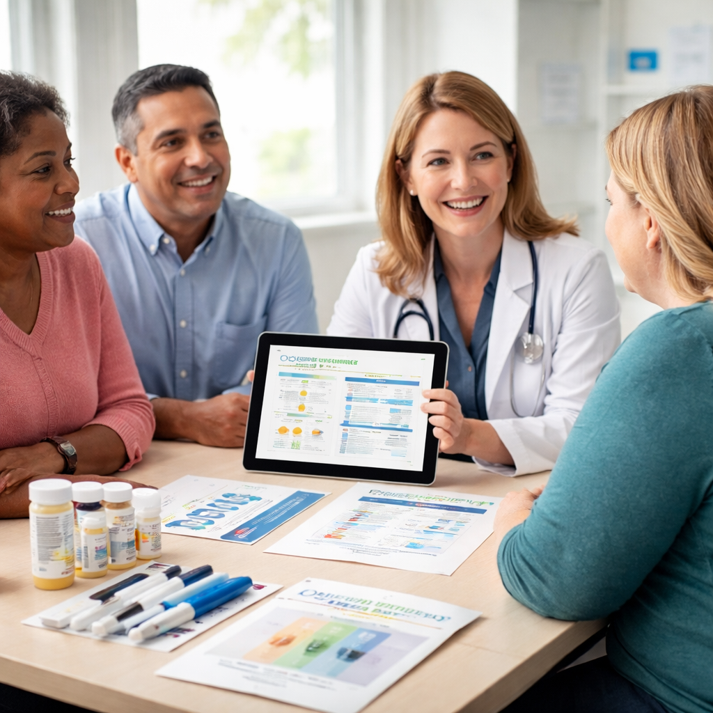 개인 맞춤형 비만 치료 상담을 받는 환자들과 건강 전문가의 모습