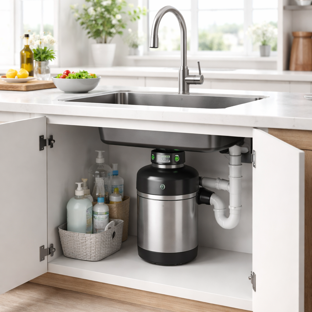 청결하고 냄새 없는 주방 환경과 음식물처리기가 설치된 모습