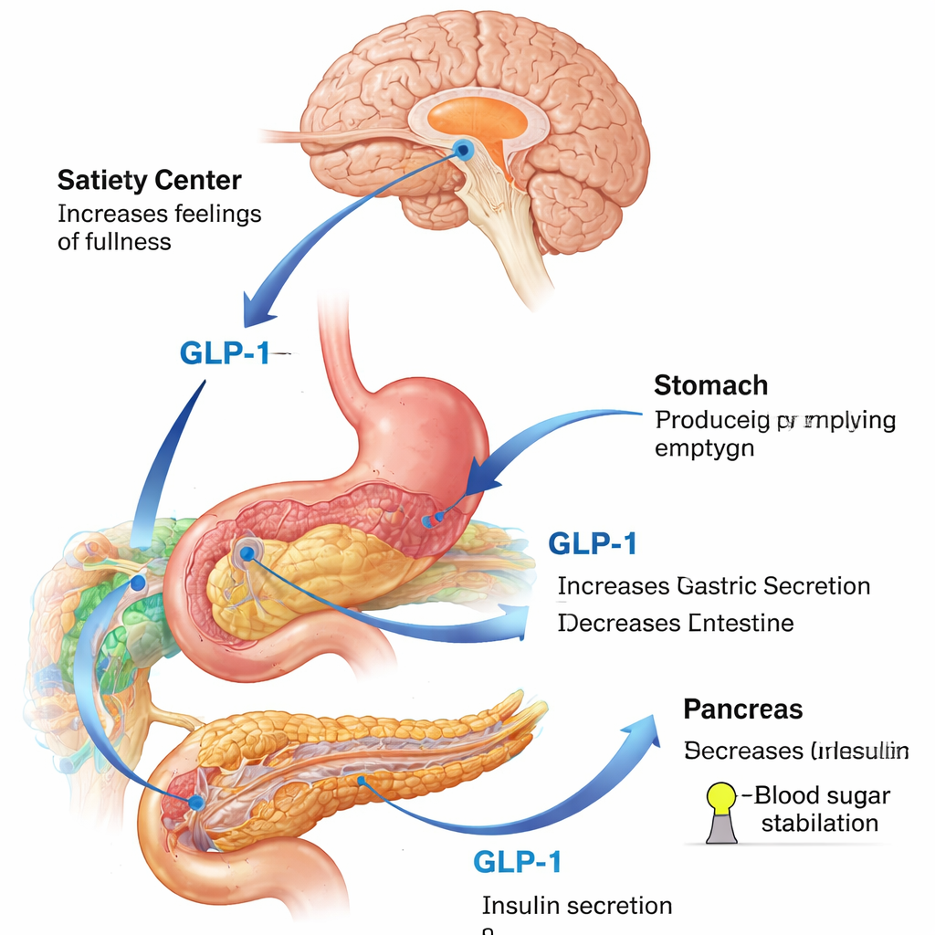GLP-1 호르몬이 뇌, 위, 췌장에 작용하여 식욕과 혈당을 조절하는 원리를 설명하는 의료 일러스트