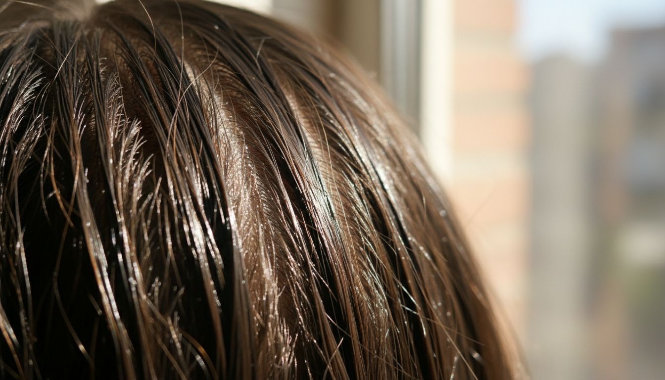 과다한 피지로 인해 번들거리는 두피와 머리카락의 클로즈업 사진