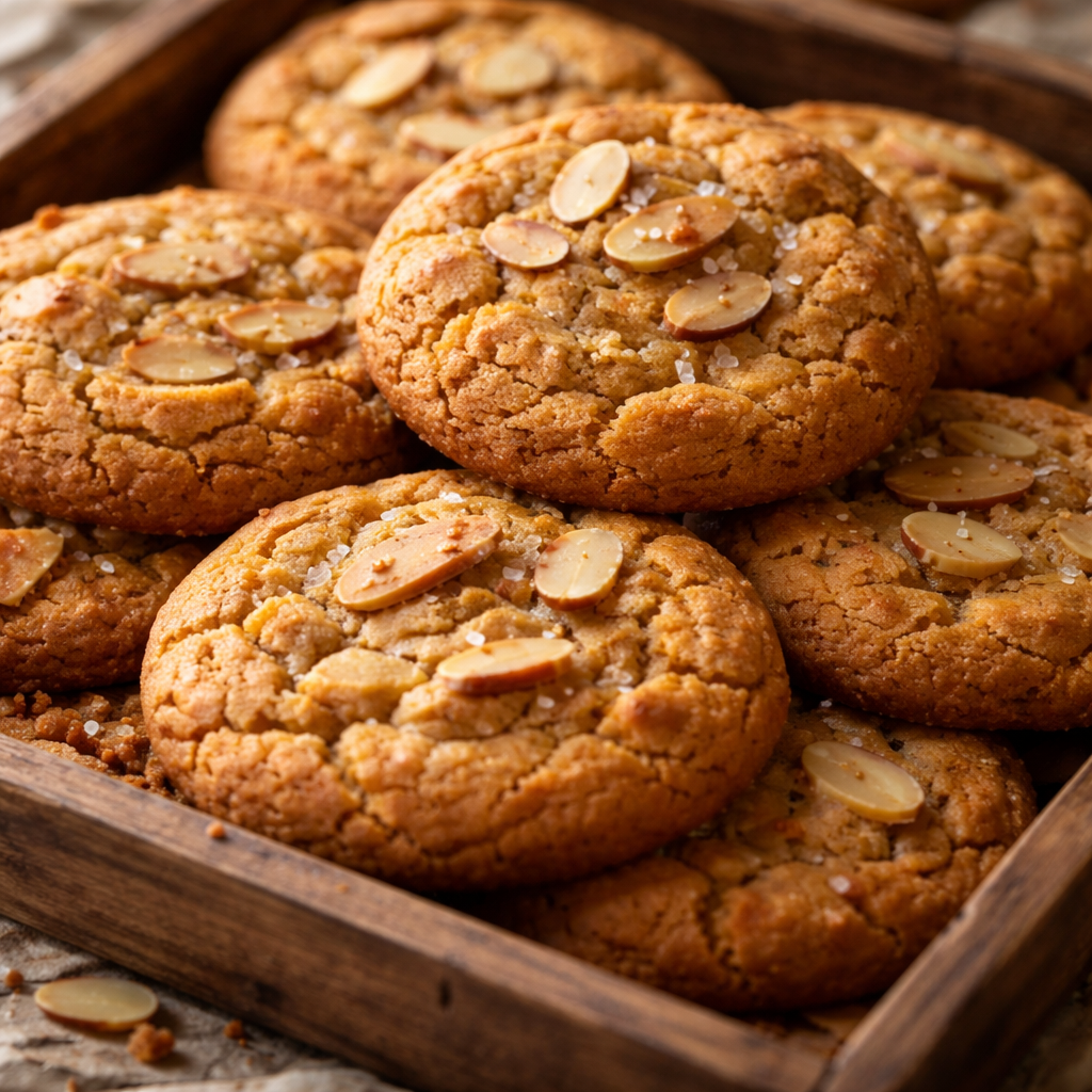 겉은 바삭하고 속은 쫀득한 아몬드버터 쿠키의 클로즈업 사진