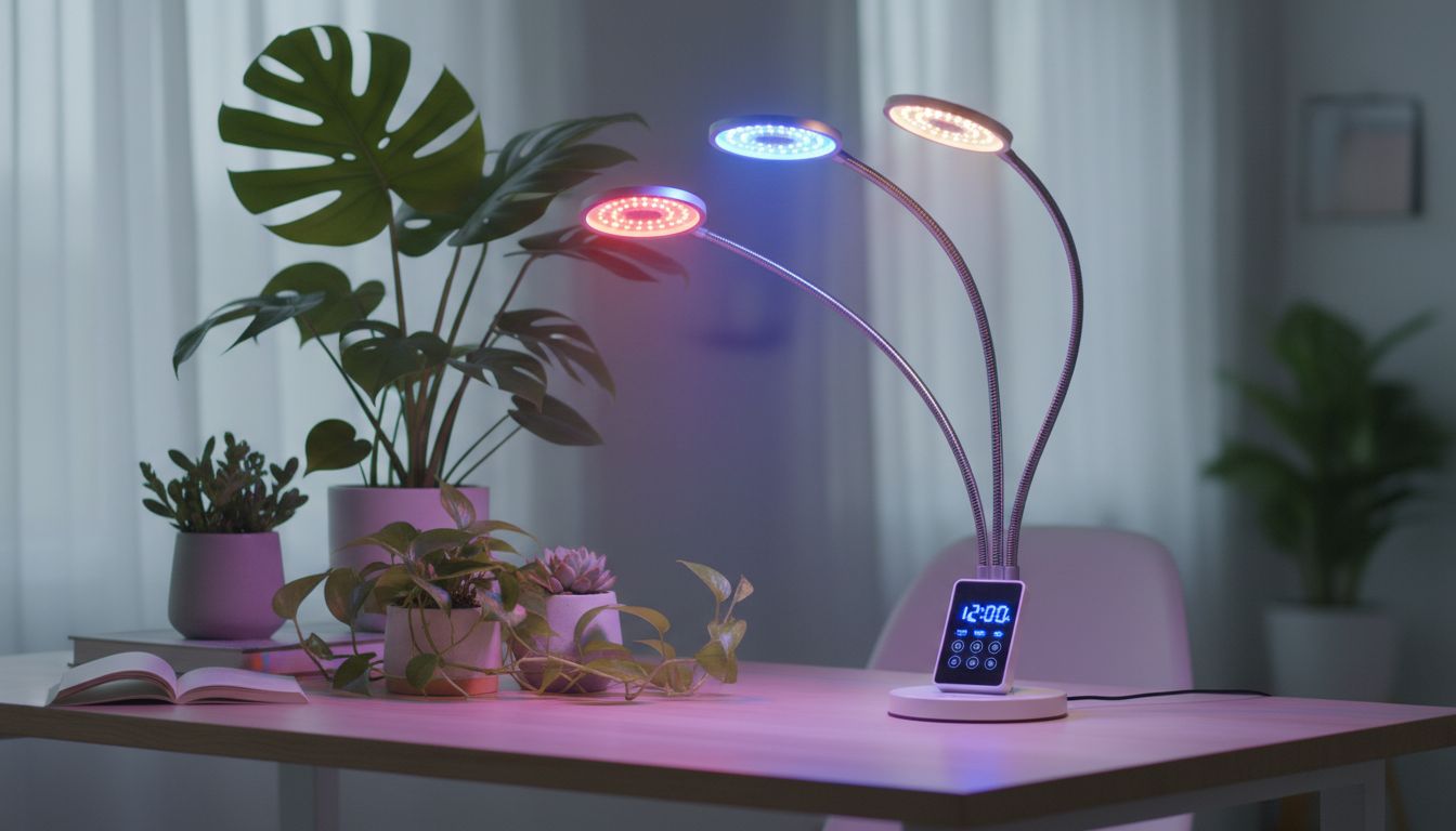 유연한 팔과 타이머 기능이 있는 스마트 LED 식물등이 책상 위 다양한 실내 식물 옆에 놓여 사용자 친화적인 디자인을 보여주는 모습