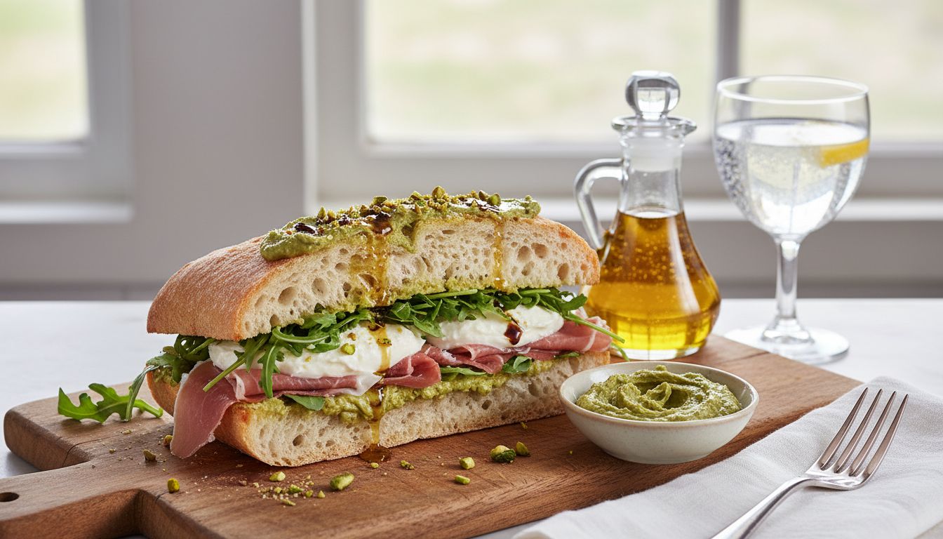 치아바타 빵에 피스타치오 스프레드와 올리브 오일 꿀 소스를 바르고 부라타 치즈, 루꼴라, 프로슈토가 들어간 고급 브런치 샌드위치